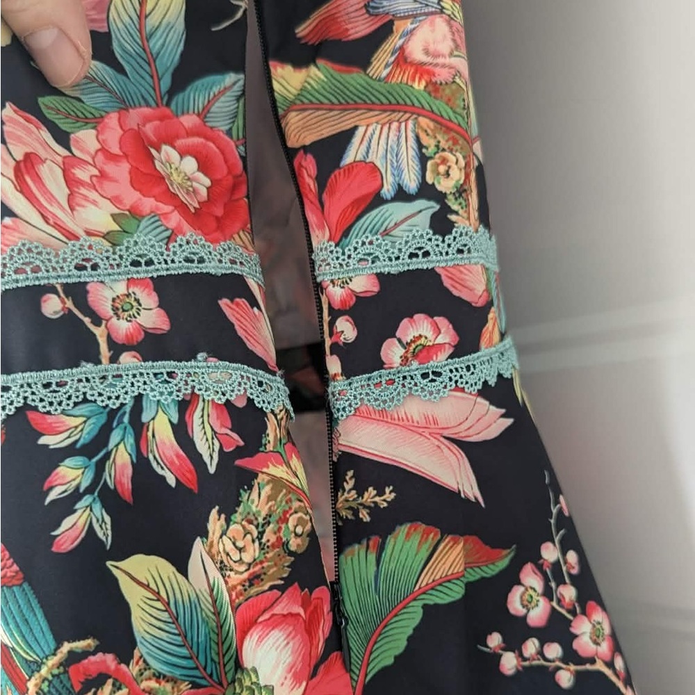Dalia MacPhee Floral Dress XL Pleated Tie Neck Boho Romantic - Picture 8 of 13